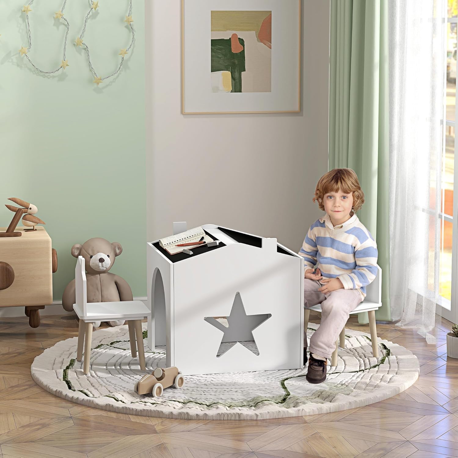 Detalle 2 de AIYAPLAY Ensemble table et 2 chaises 3 pièces pour enfants (3 à 8 ans) avec plateau tableau noir, blanc