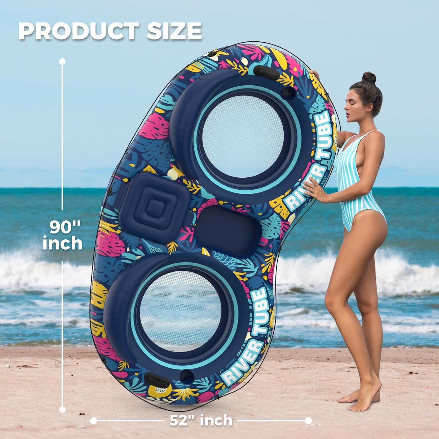 Thumbnail 1 de POVRYE Pool Floats Adult 2-Person Inflatable River Tube with Built-In Cooler & Cup Holders