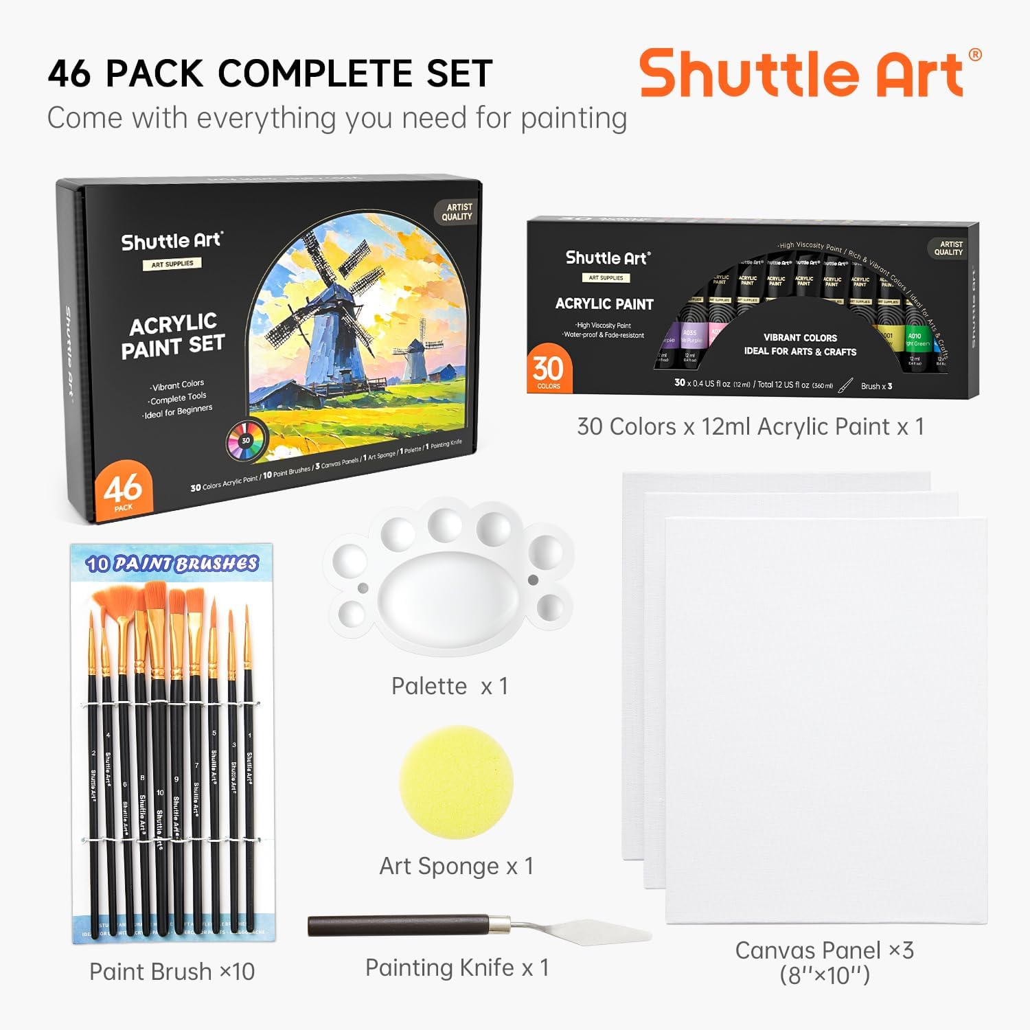 Thumbnail 2 de Shuttle Art Acrylfarben Set (46-teilig) mit 30 Farben à 12 ml, 10 Pinseln und Zubehör