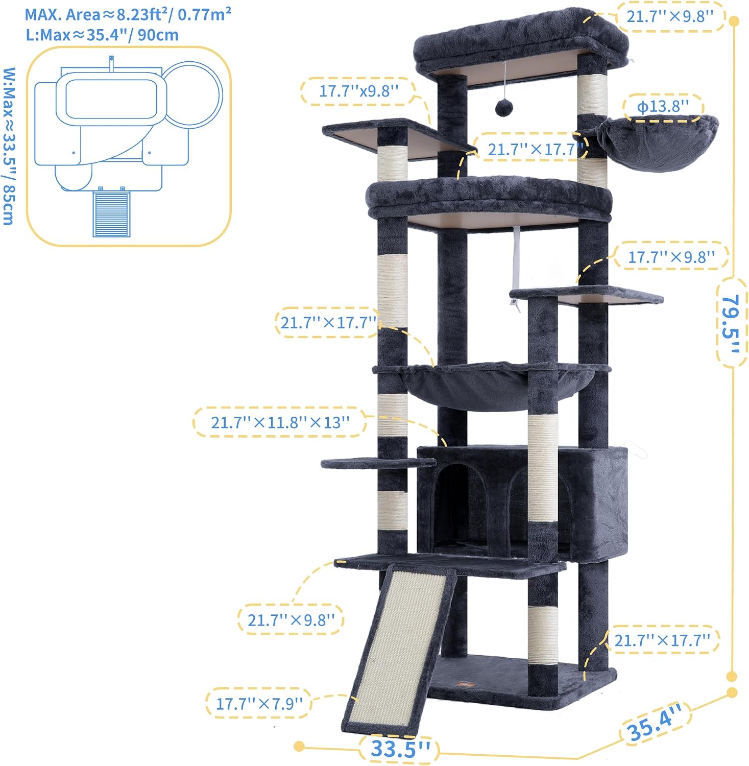 Detalle de Heybly Tall Cat Tree for Large Cats (202 cm) – Smoky Grey HCT038G