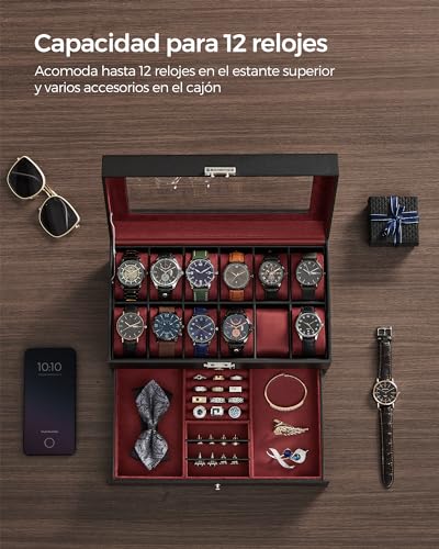 Detalle de SONGMICS Caja de Reloj con Tapa de Cristal, 2 Niveles para 12 Relojes