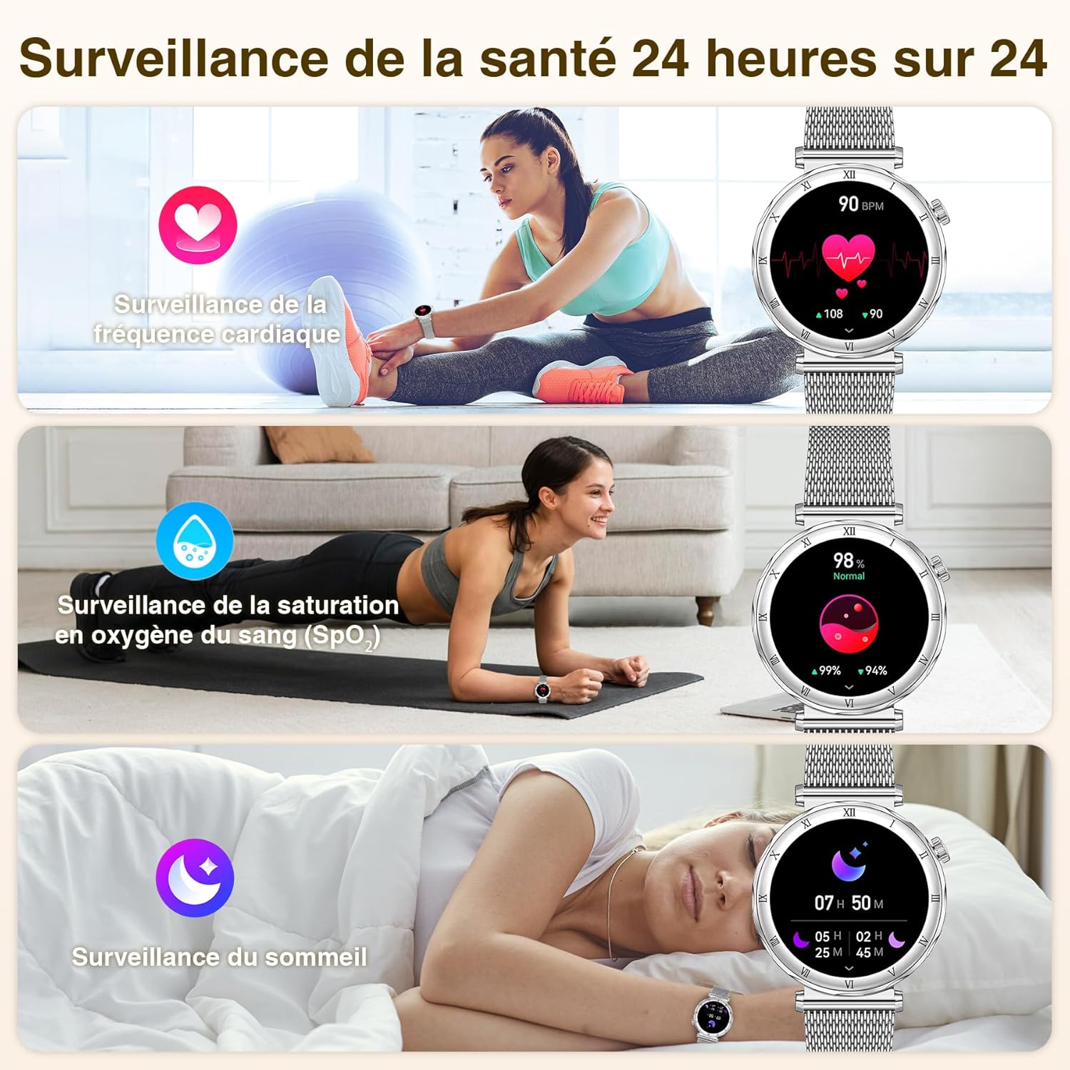 Detalle de Montre connectée Femme (3 Bracelets) - Écran AMOLED 1,19'', IP68, 120+ modes sportifs