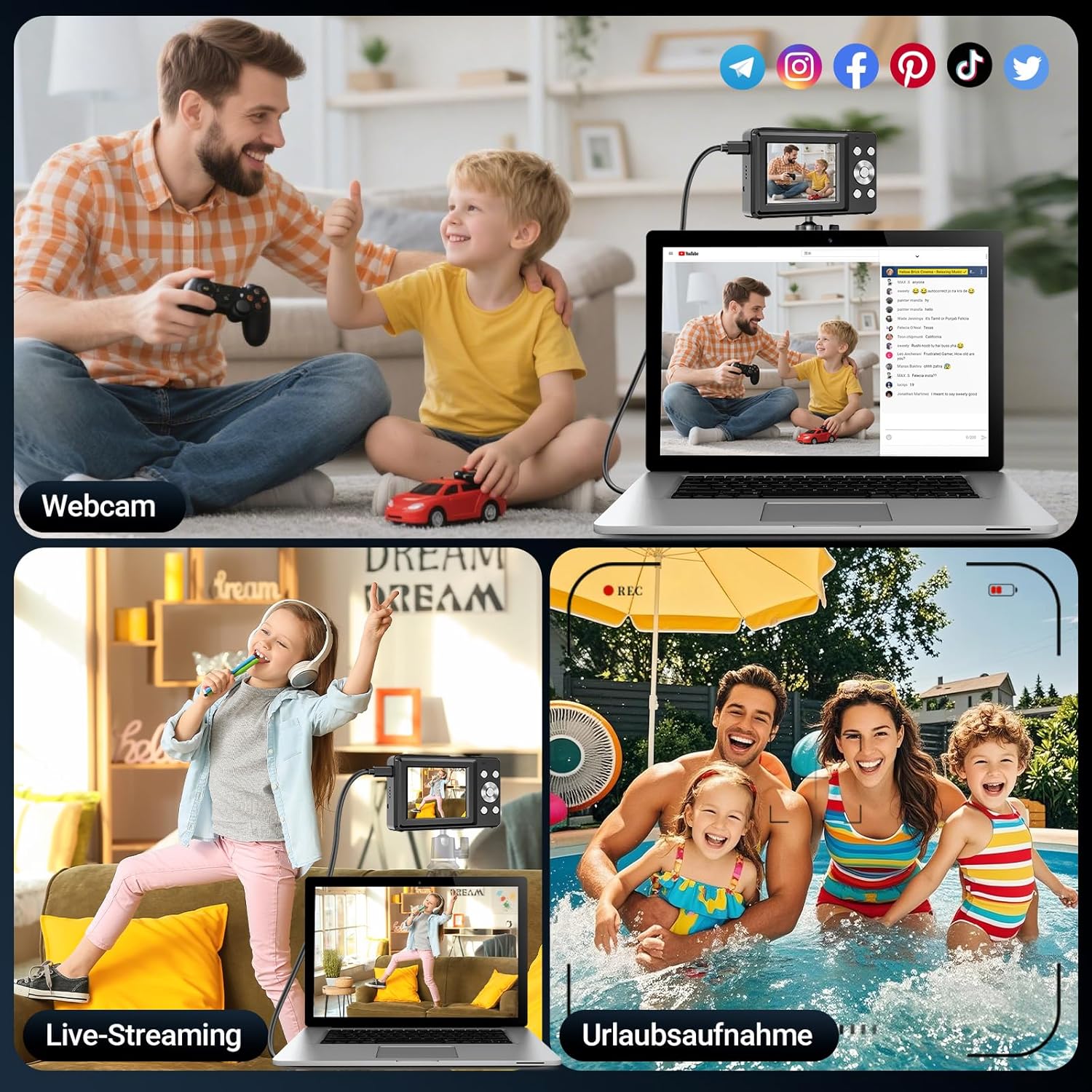 Detalle 2 de Digitalkamera Fotokamera 44MP mit 1080P HD Video, USB-Webcam-Modus, 2,4" IPS-Display und 32GB Karte – ideal für Teens und Kinder