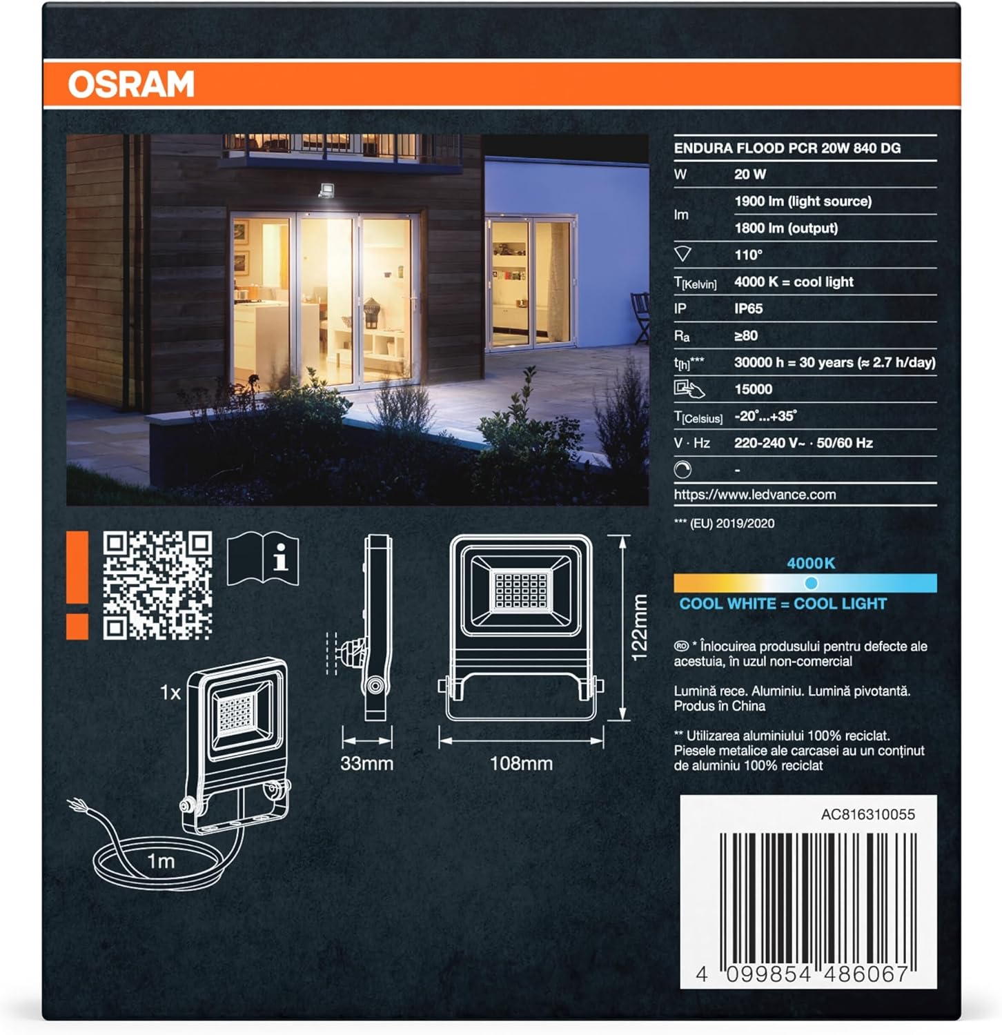 Detalle de Osram ENDURA Flood Cool White PCR – projecteur compact en aluminium recyclé