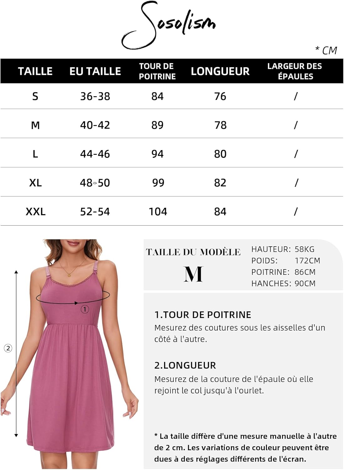 Thumbnail 5 de Sosolism Chemise de nuit d’allaitement été avec bretelles clip et tire-lait, et coussinets