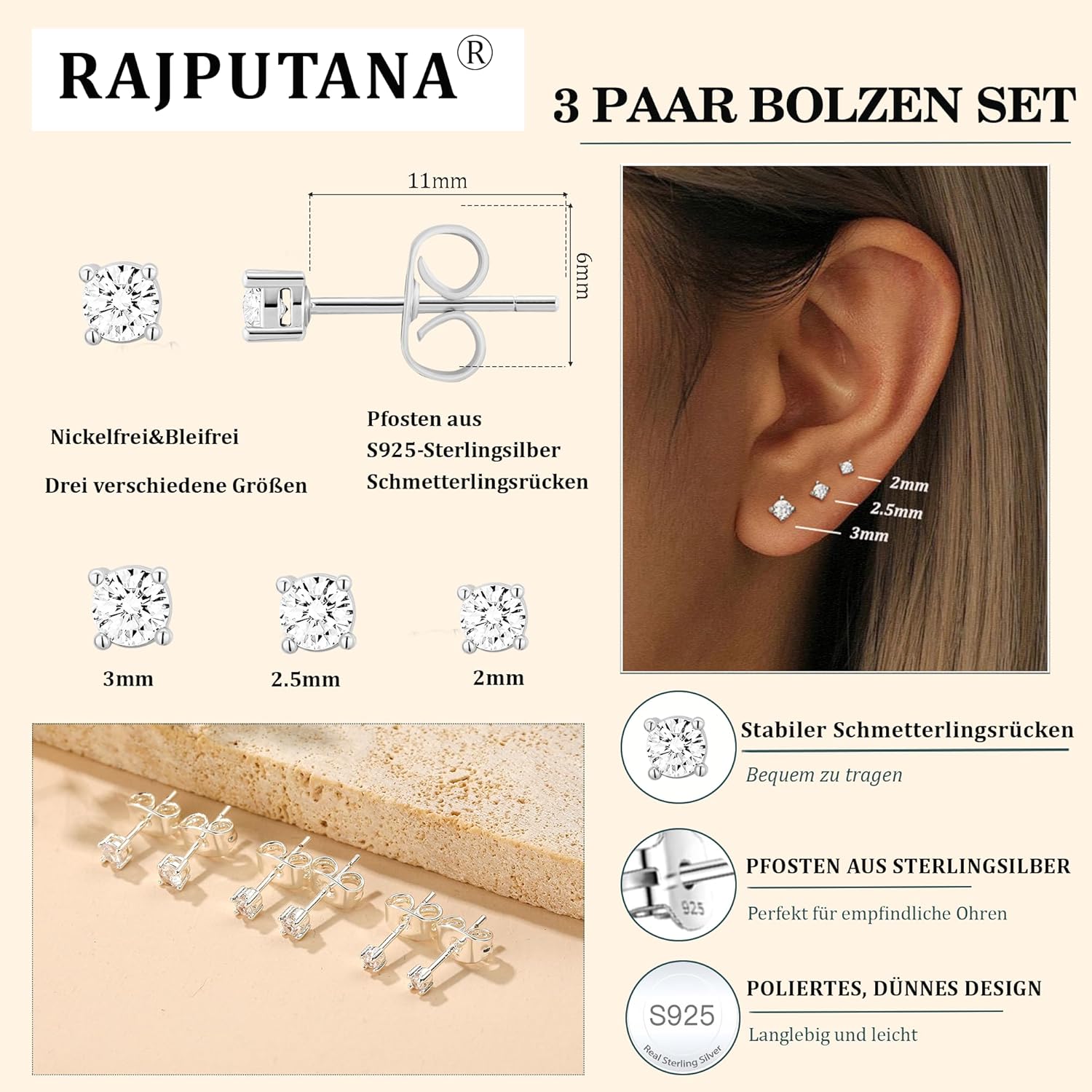 Thumbnail 2 de Rajputana – 3 Paia di Orecchini Piccoli in Argento Sterling 925, Ipoallergenici con Charm di Stelle e Cuori