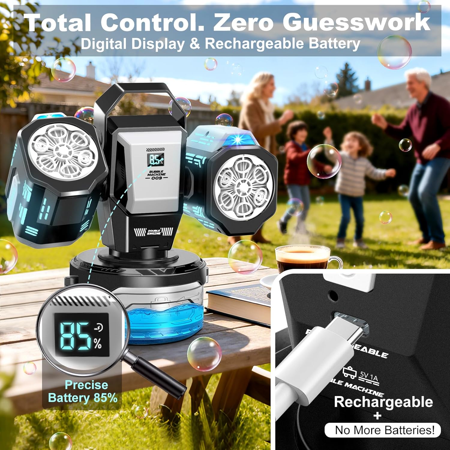 Thumbnail 5 de Rechargeable Bubble Machine with RGB Lights: 30,000 Bubbles per Minute, 360° Coverage, and Remote Control