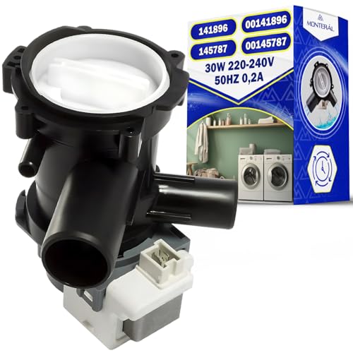 Detalle de Bomba de Desagüe de Lavadora MONTERAL 30W 220-240V para Bosch/Siemens – Código original 141896 / 00141896 / 145787 / 00145787 – Garantía 10 años