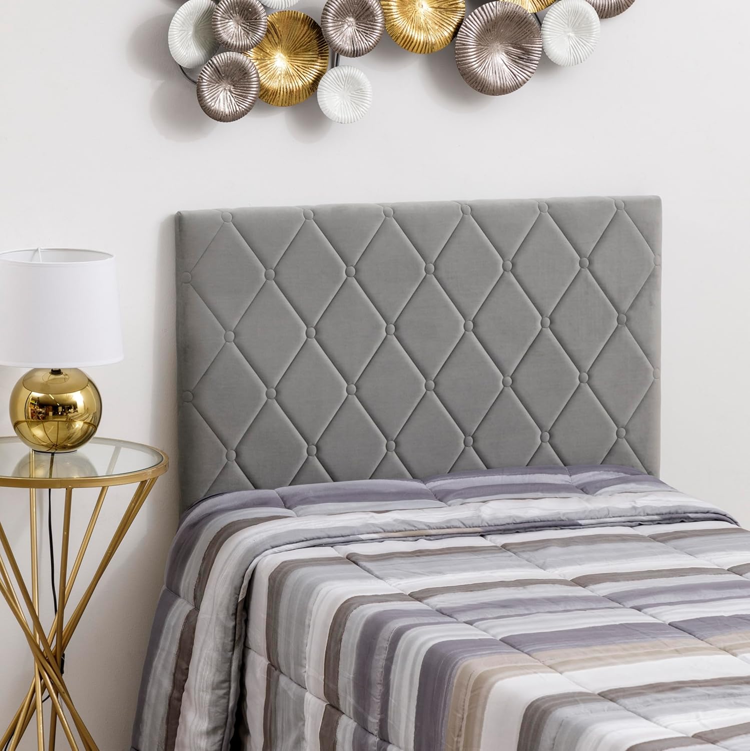 Thumbnail 1 de Baroni Home testata del letto imbottita in velluto grigio con altezza regolabile, 92x55 cm