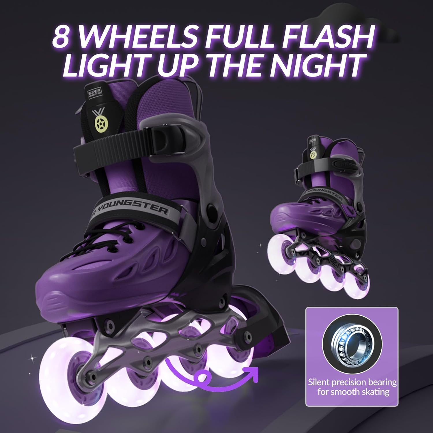 Detalle de SUPER YOUNGSTER Adjustable Inline Skates for Kids 4-12 with Light-Up Wheels
