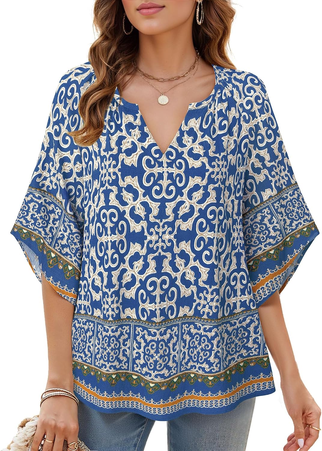 Detalle de Bebonnie Women's 3/4 Sleeve V-Neck Bohemian Peasant Blouse