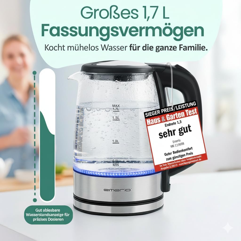 Detalle de EMERIO Glas Wasserkocher 1,7 l – 2200 W, blaue LED-Innenbeleuchtung, 360°-Basis, Auto Off – Preis-Leistung ausgezeichnet