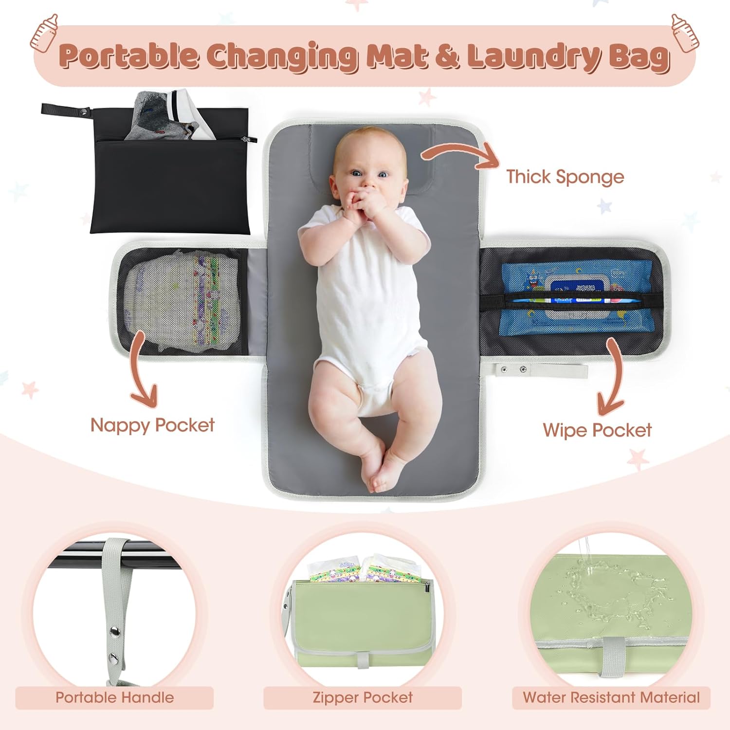 Thumbnail 2 de RAINSMORE Baby Wickelrucksack Groß inkl. Kinderwagengurten und Wickelunterlage – 3-teiliges Set, Schwarz (Hellgrün)