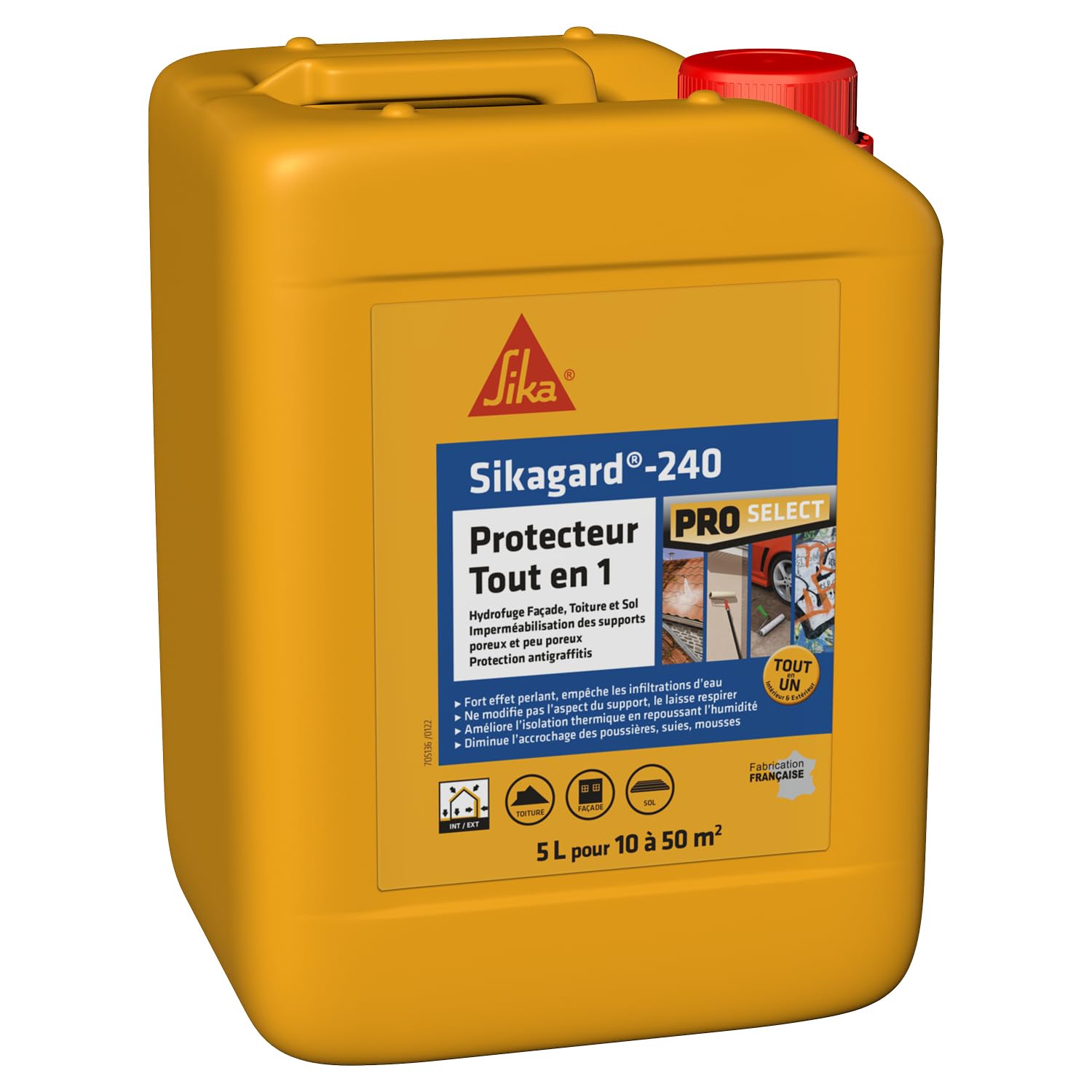 Detalle de Sika Sikagard 240 Protecteur Tout en 1 – Protection hydrofuge prêt à l’emploi pour façades, murs, toitures et sols (5 L)