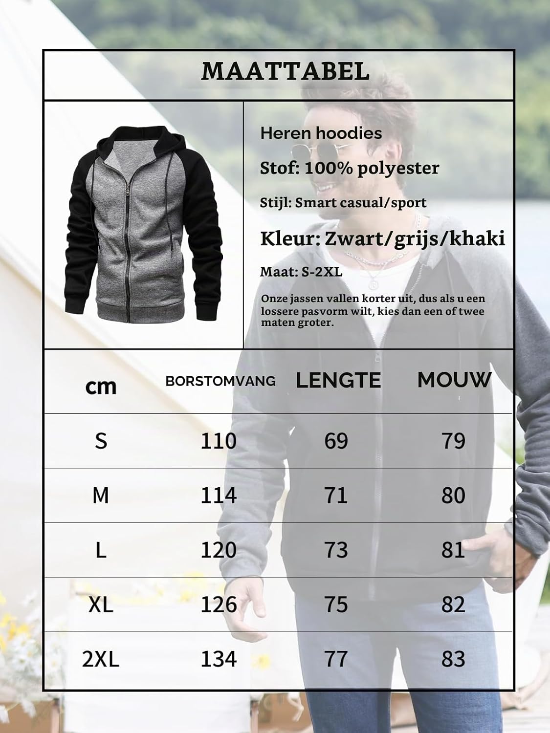 Thumbnail 4 de YawYews herenhoodie met rits, fleecevoering en capuchon