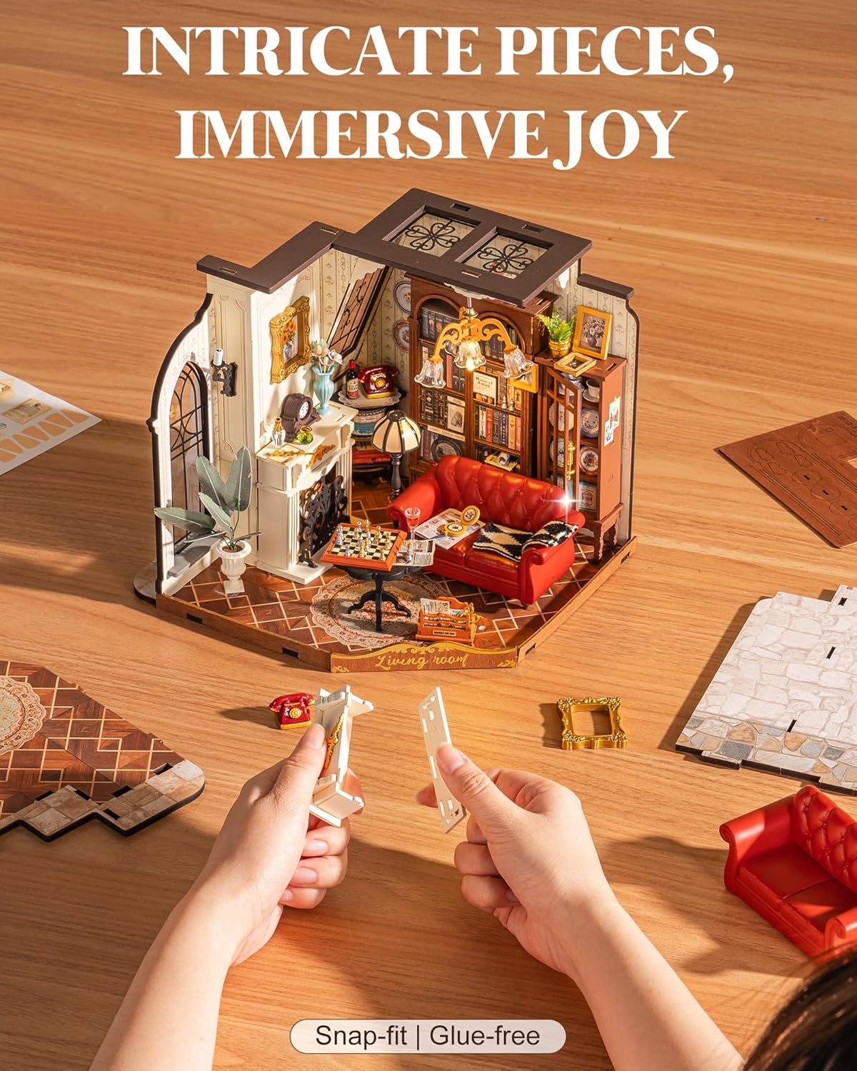 Detalle de Robotime Miniaturhaus-Bausatz Catherine’s Living Room – Puppenhaus aus Holz mit LED-Licht