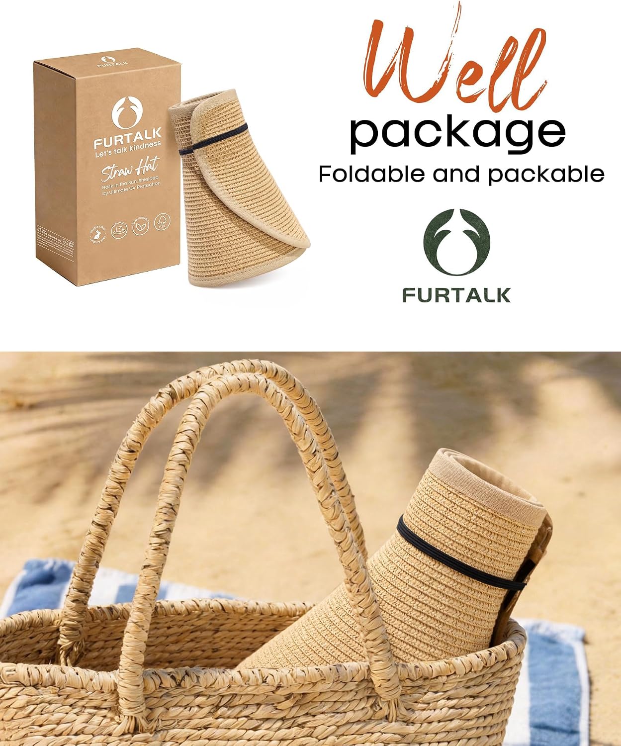Detalle de FURTALK Women’s Sun Hats Wide Brim Straw Hat with UPF 80+ Protection (Packable, Foldable, Ponytail Opening)