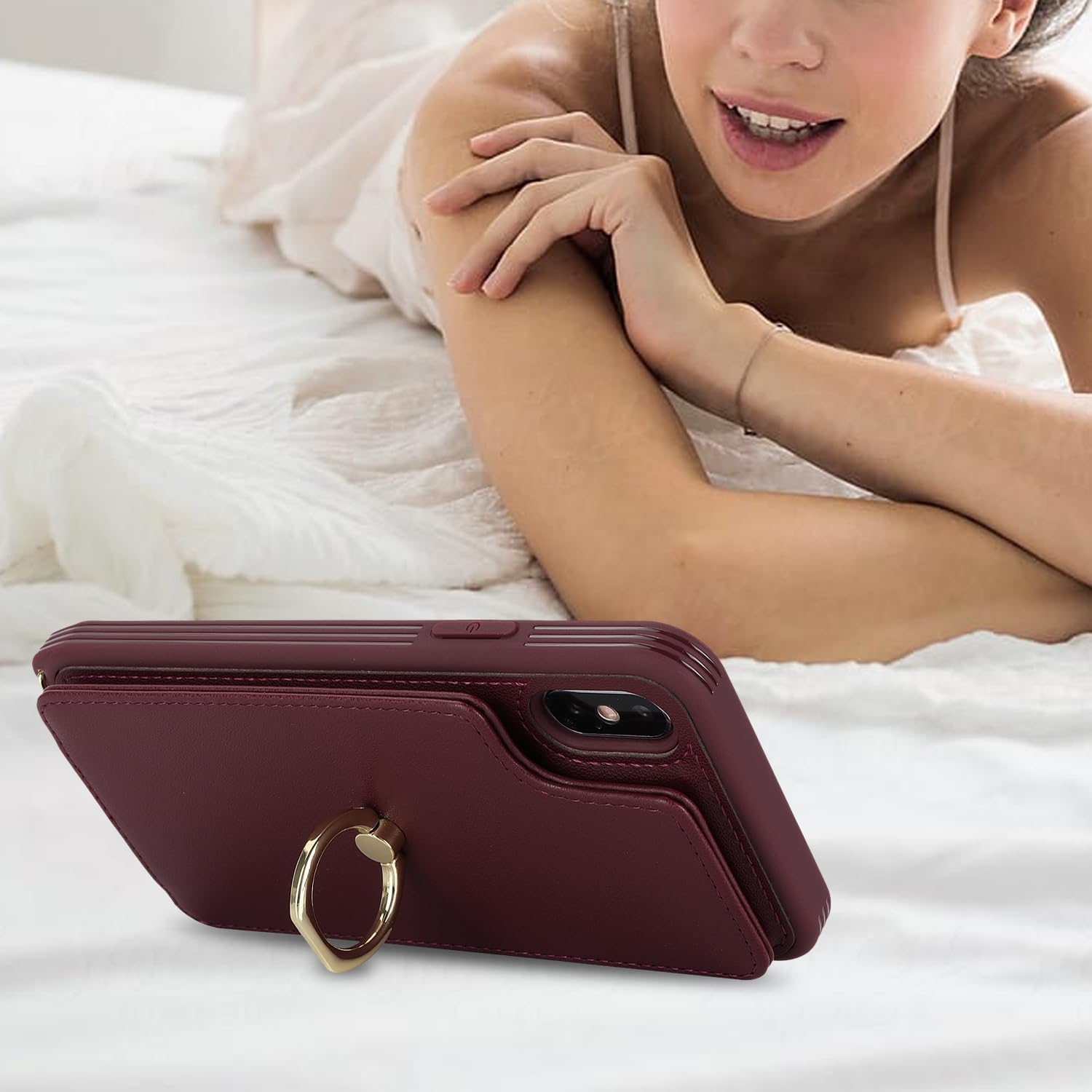 Detalle de Cavor iPhone XS Max Wallet Case in Wine Red with Card Slots and Crossbody Strap
