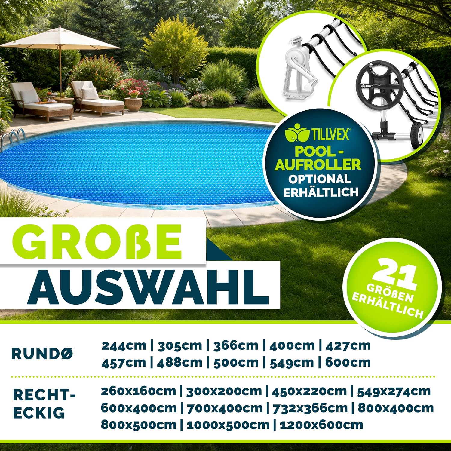 Thumbnail 1 de tillvex Pool Solarabdeckplane Rund & Rechteckig – 120 µm, 1000x500 cm, blau
