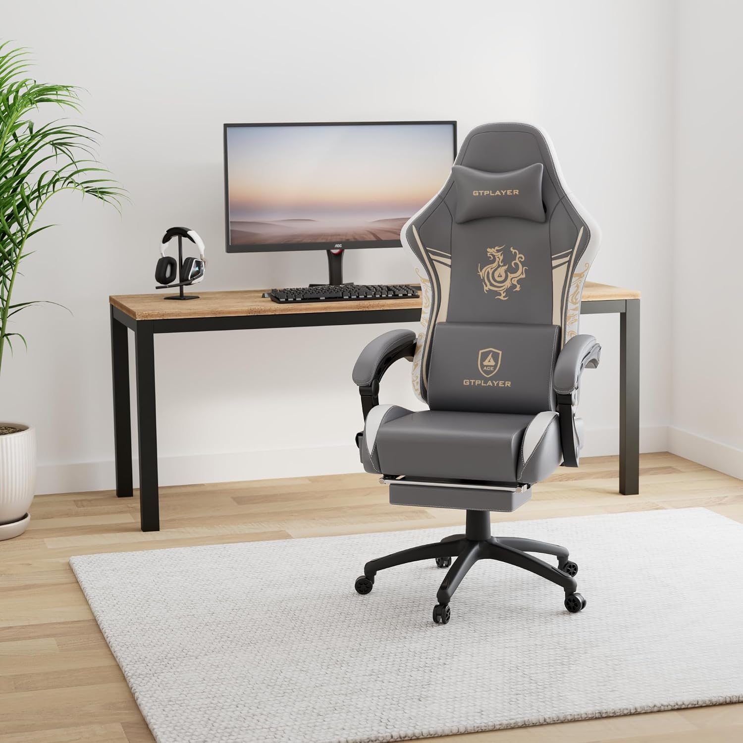 Detalle de GTPLAYER Serie Dragon sedia gaming ergonomica reclinabile con altoparlanti Bluetooth 5.1 e poggiapiedi (grigio)
