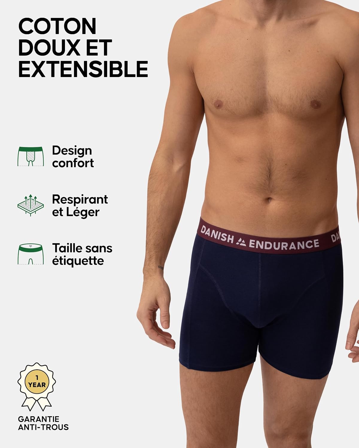 Thumbnail 1 de Danish Endurance Lot de 3 Boxers élastiques en coton pour homme