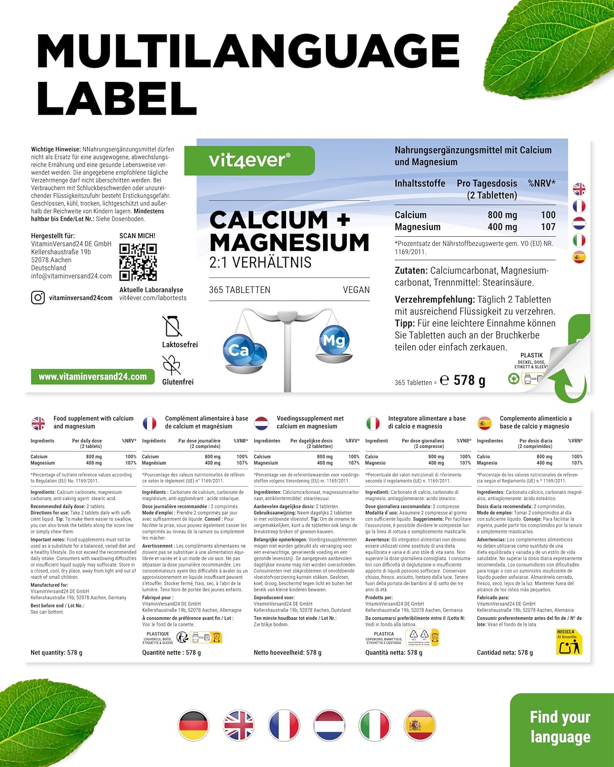 Thumbnail 5 de Calcium 800 mg + Magnesium 400 mg (2 Tabletten) - 365 Tabletten - 6 Monatsvorrat - Kalzium + Magnesium-Komplex im 2:1 Verhältnis - Vegan - Hochdosiert
Calcium 800 mg + Magnesium 400 mg (2 Ta…
