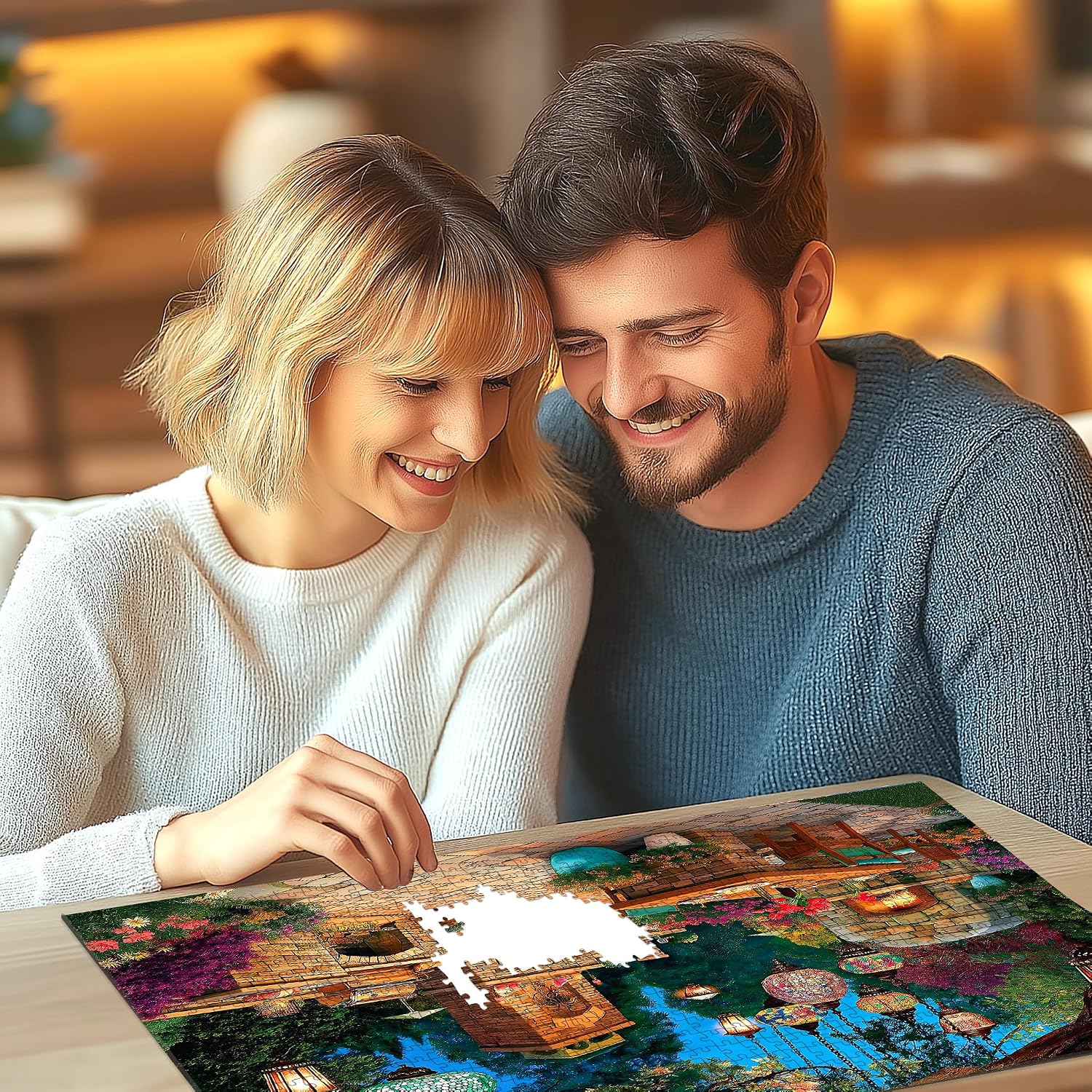 Detalle de Blueforest 1000-Piece Jigsaw Puzzle for Adults – Enchanted Garden Patio: Mosaic Lanterns, Stone Fireplaces & Night Blooms (27.5x19.7 in.)