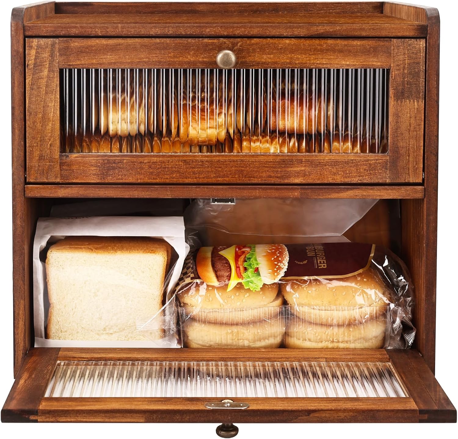 Detalle de Alpeir Double-Layer Bread Box, Brown Pine Wood with Acrylic Window and Vents
