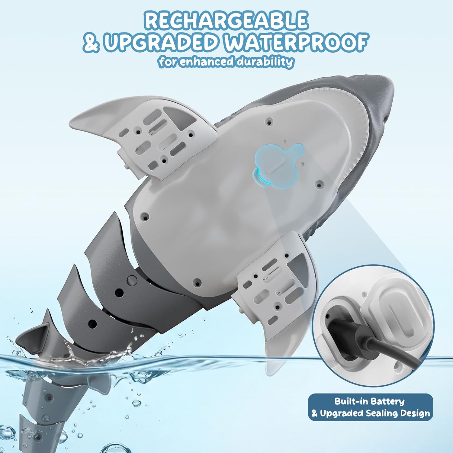 Detalle de snookids 9966A RC-haai voor het zwembad met 2,4 GHz-besturing en ledogen