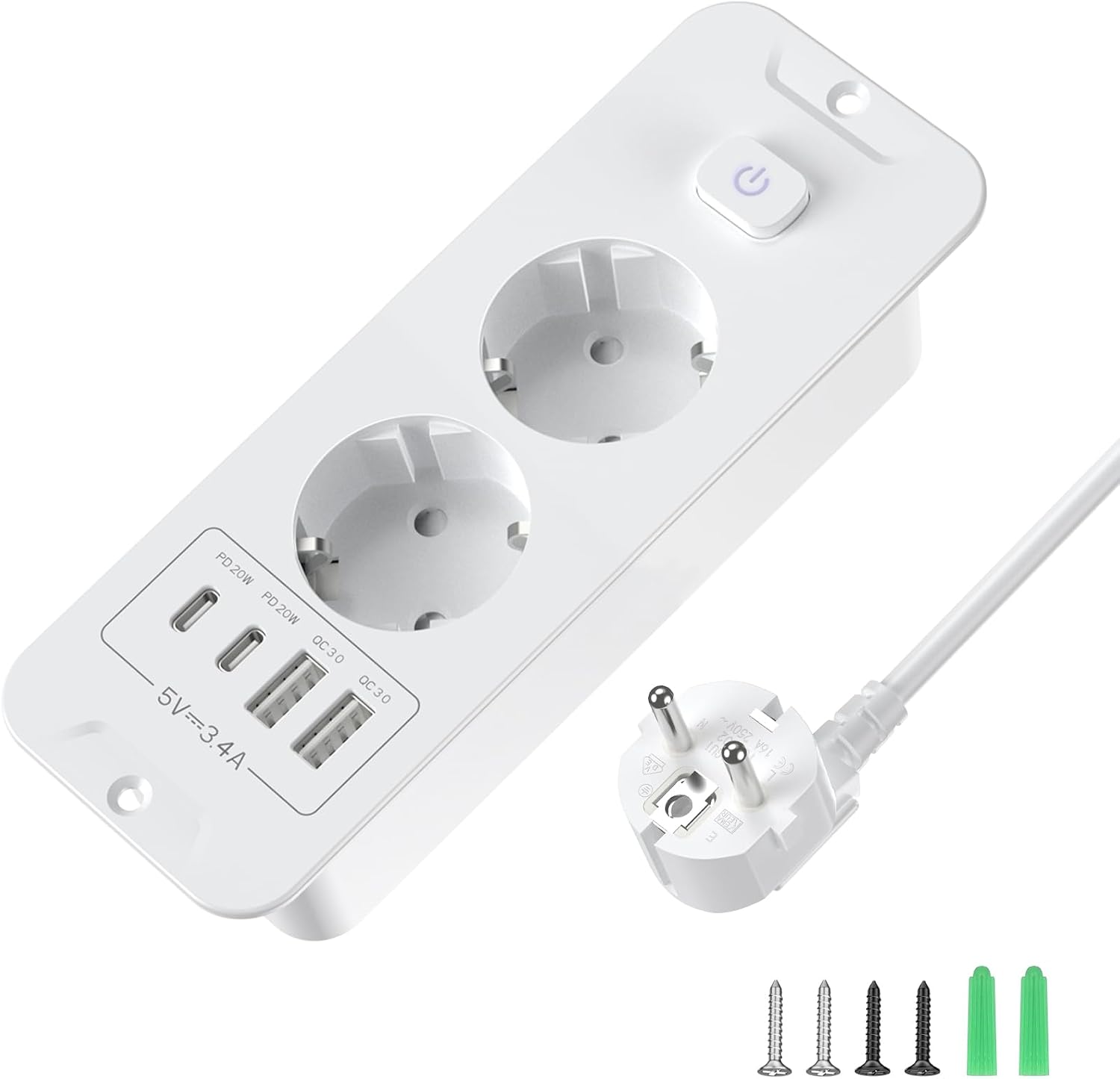 Detalle de Versenkbare 2-Fach Steckdosenleiste mit USB: Einbausteckdose für Tischplatten mit 2 USB-C/2 USB-A inklusive 2 m Kabel