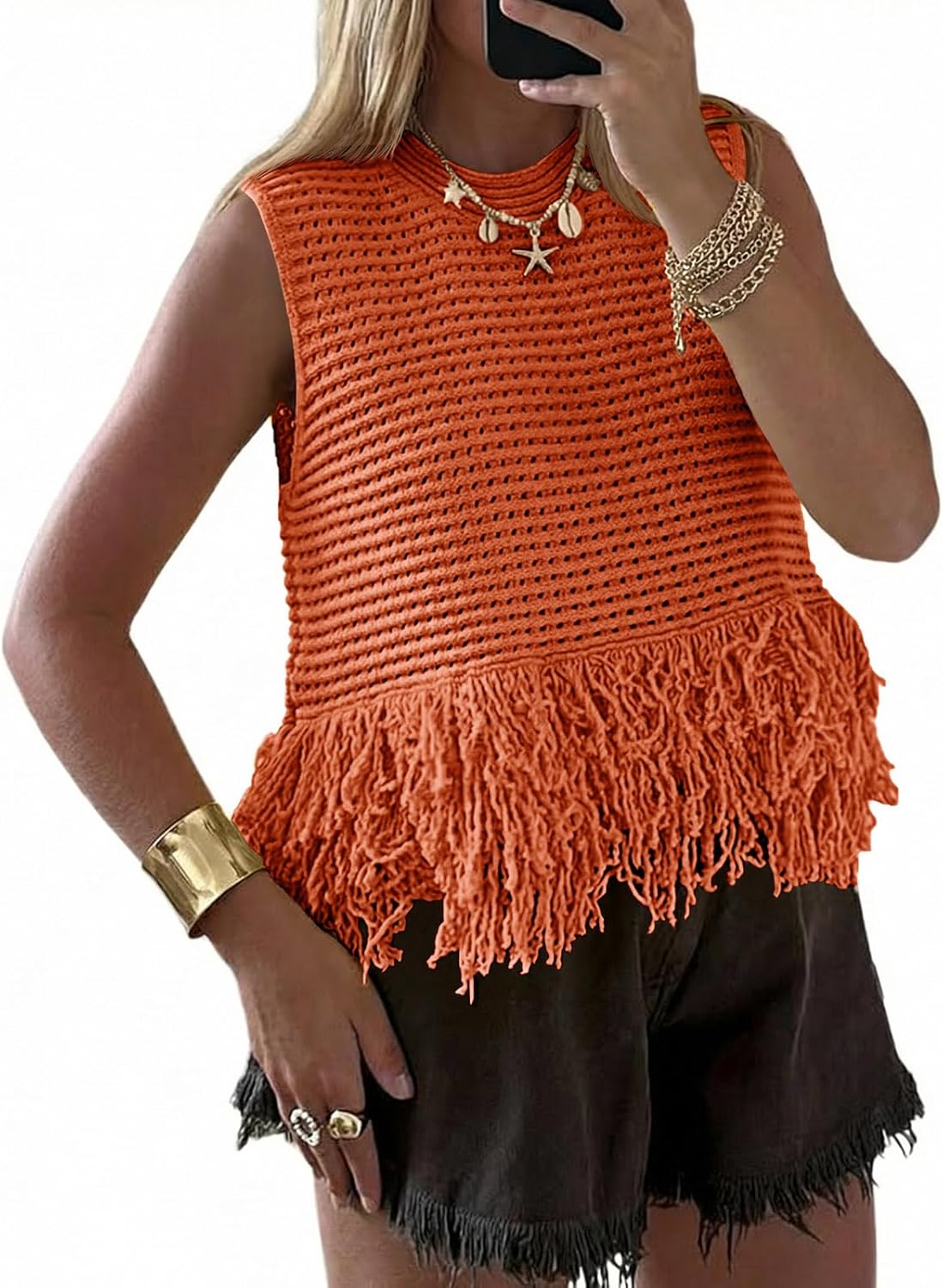 Thumbnail 5 de Saodimallsu Women’s Crochet Crop Tank Top with Fringe Sleeveless Boho Knit
