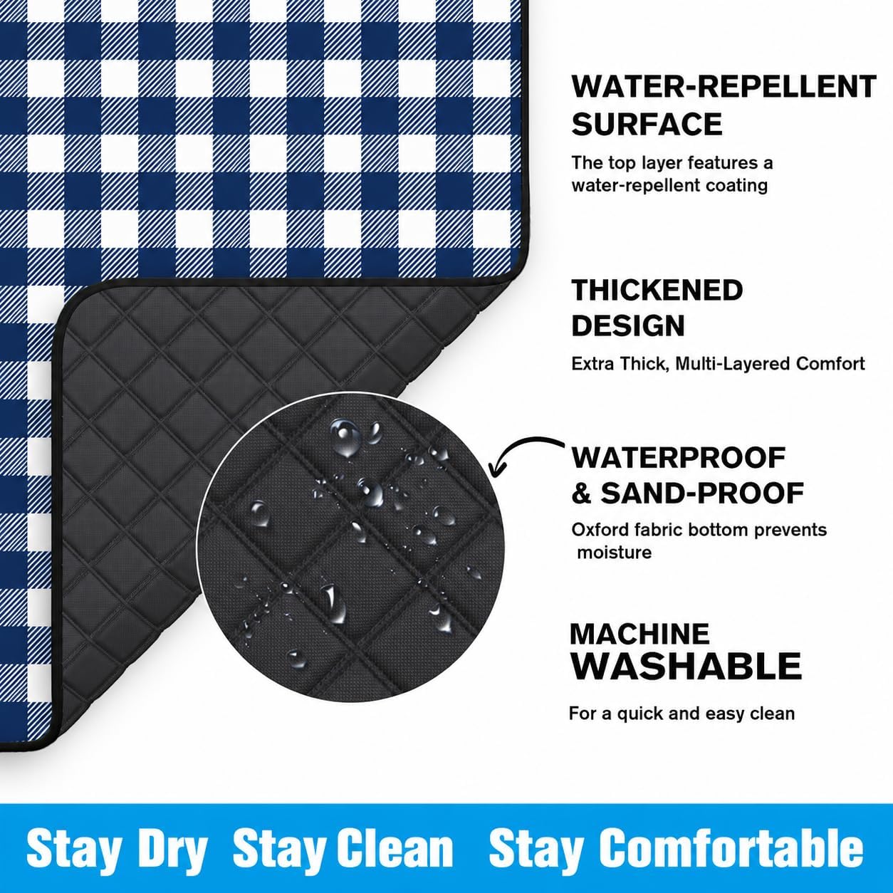Detalle de TigeJoy picnic mat 80 x 80-Inch Waterproof Picnic Blanket, Blue Plaid