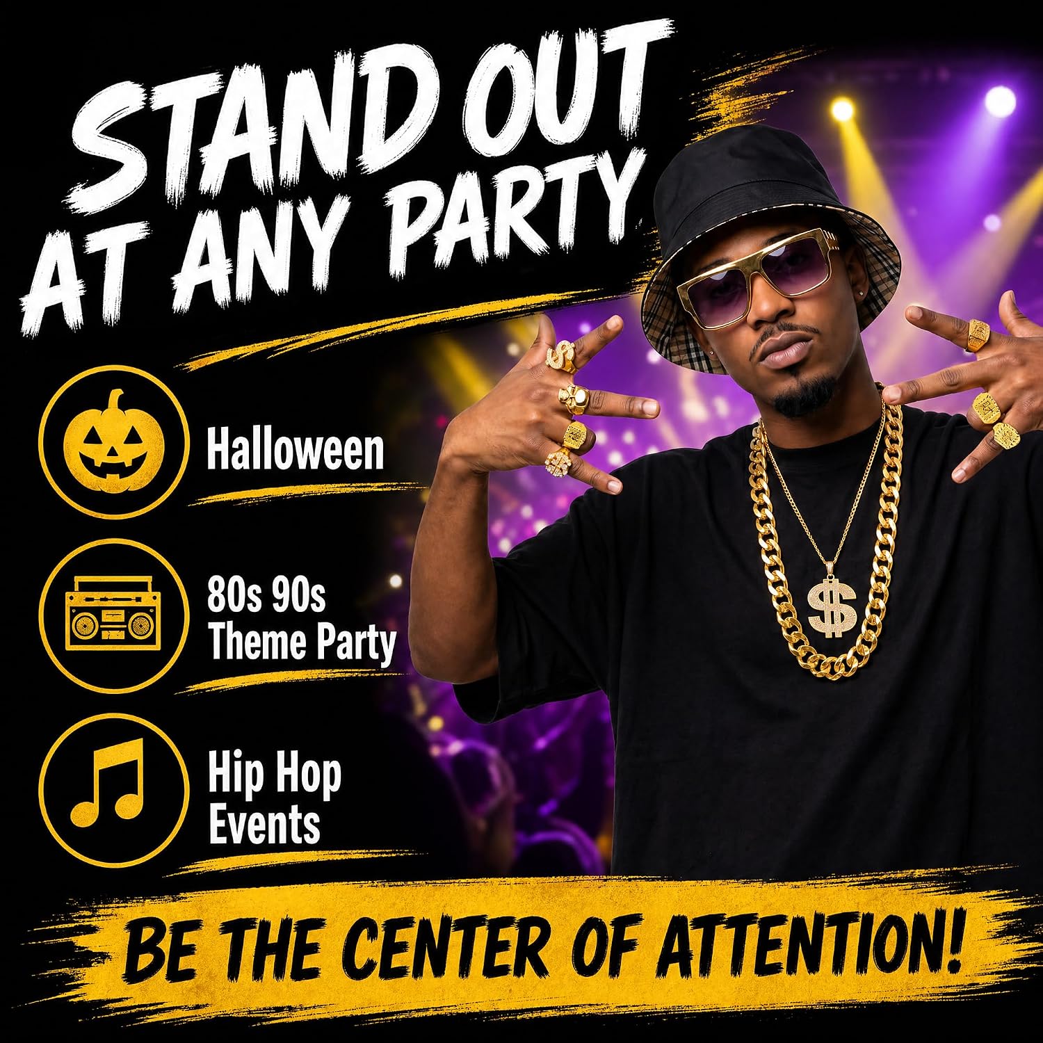 Detalle de Hip Hop Costume Kit – Gold Chain, Dollar Sign Necklace & Accessories