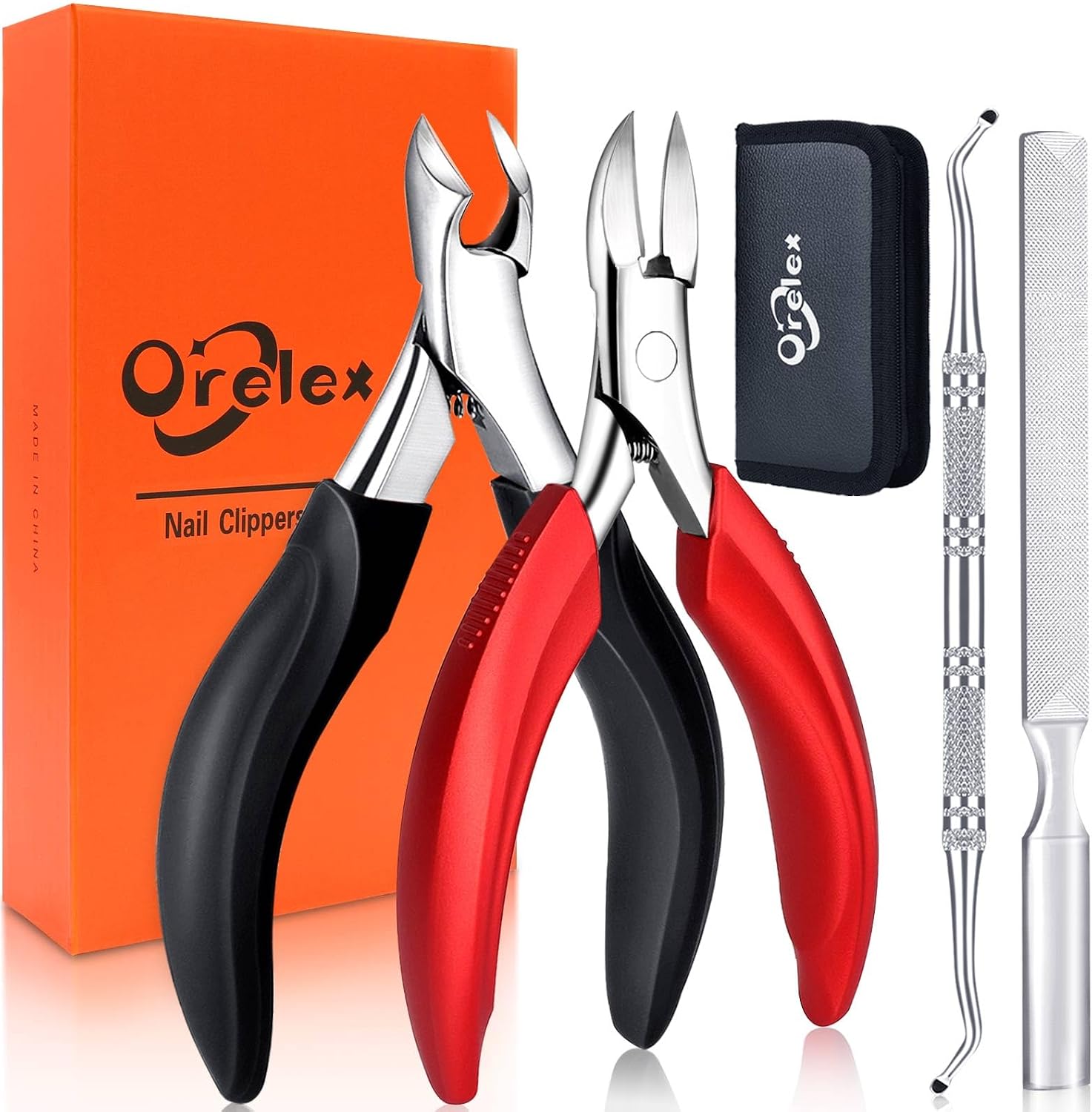 Orelex Professional Toenail Clippers for Thick & Ingrown Toenails – stainless steel set with ergonomic handles & travel pouch