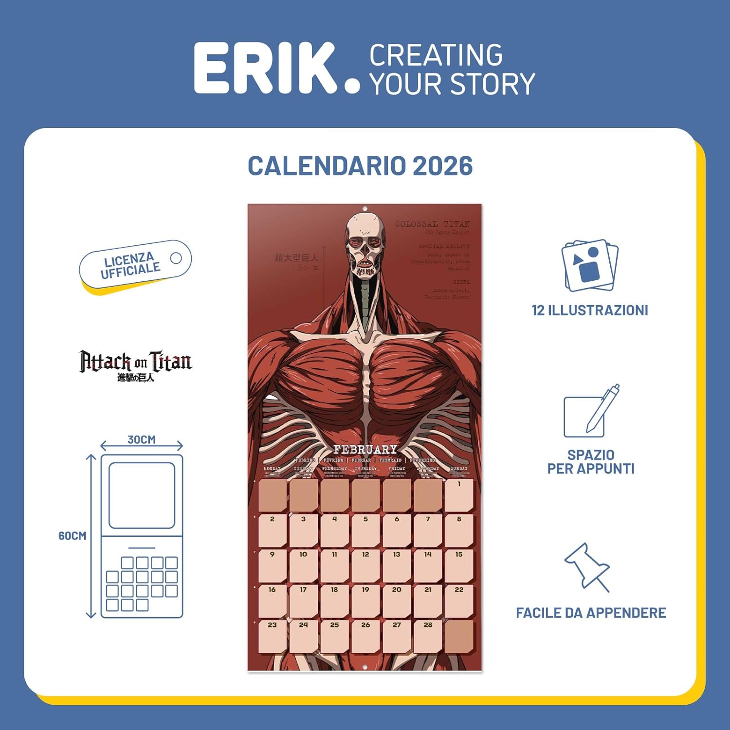 Thumbnail 2 de Grupo Erik Calendario 2026 Attack on Titan mensile 30x30 cm đź“…