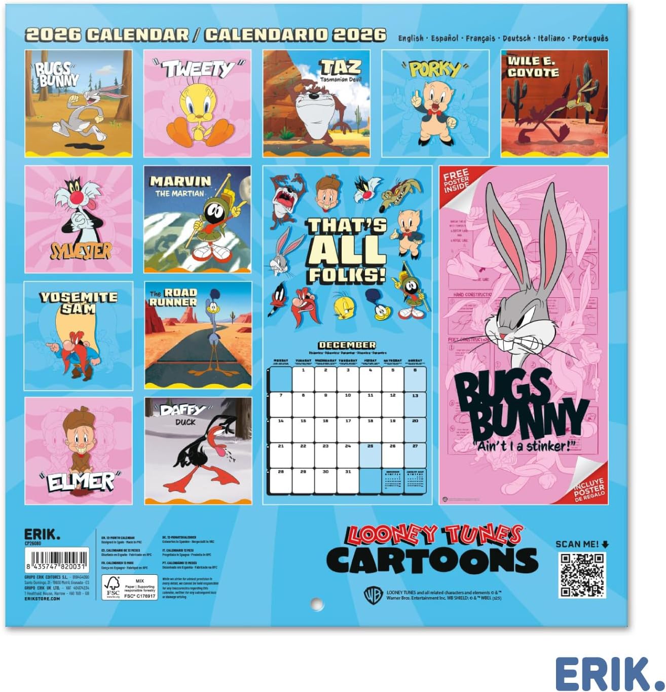 Detalle 2 de Grupo Erik Calendario Looney Tunes 30x30 cm 2026