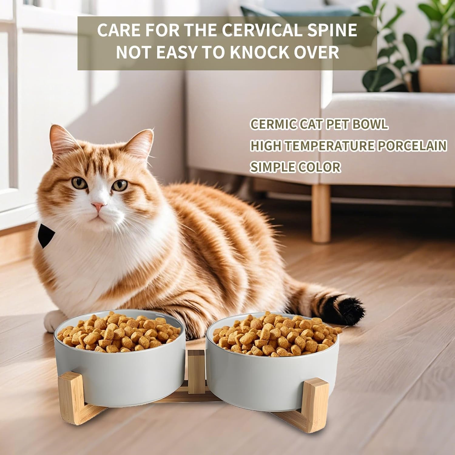 Thumbnail 5 de Double Ceramic Cat Bowls 400ML Raised Cat Feeder with Wooden Stand – Grey