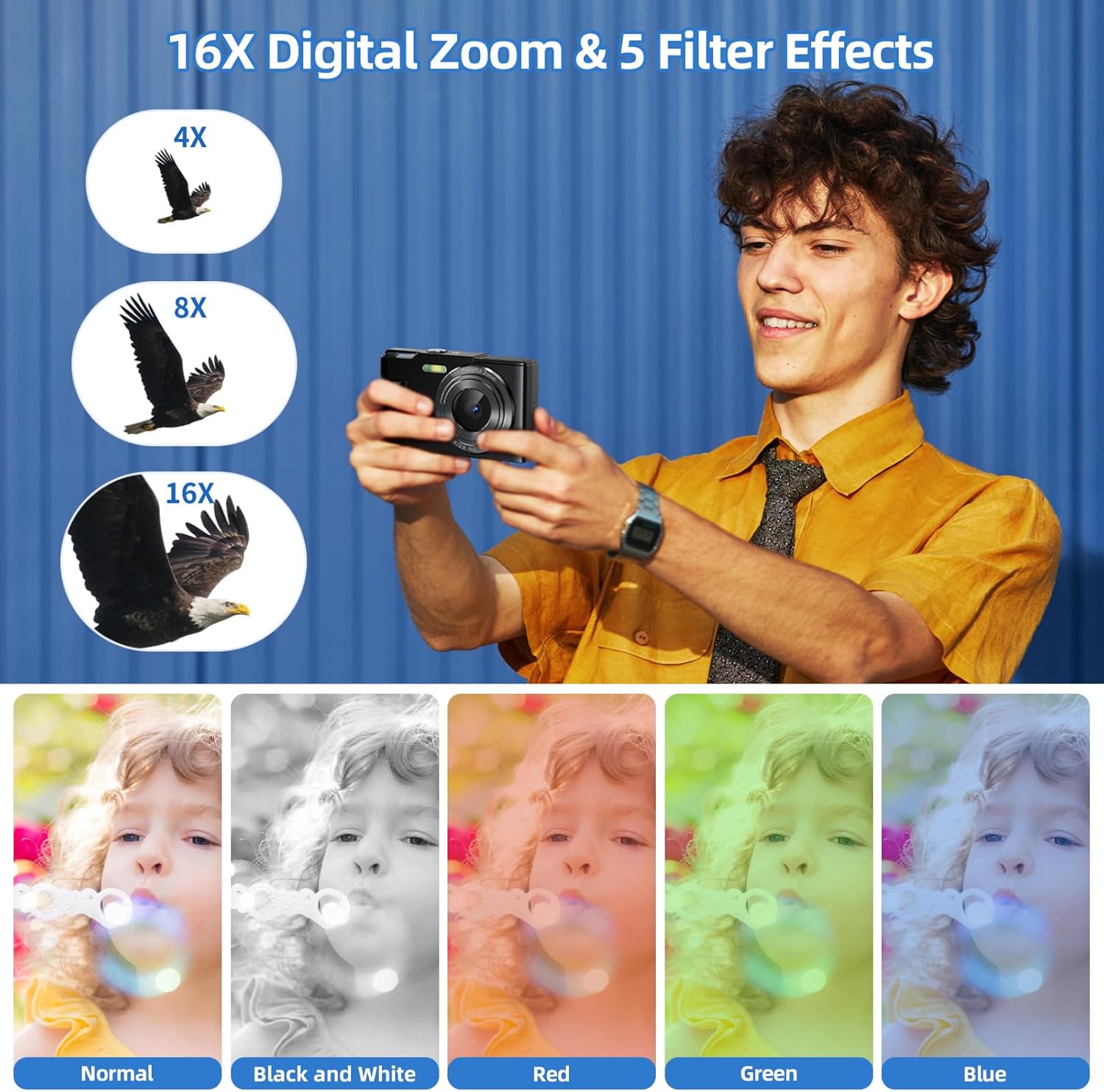 Detalle de MaxMango 1080P Digitalkamera – Kompaktkamera mit 16x Zoom, 2,4'' Display, 8GB Speicher