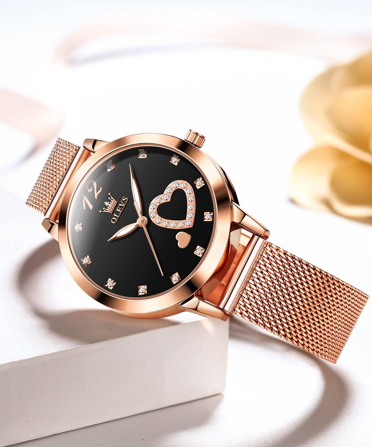 Detalle 2 de OLEVS Montre pour Femme Or Rose – Cœur, Diamants et Mouvement Quartz Japonais