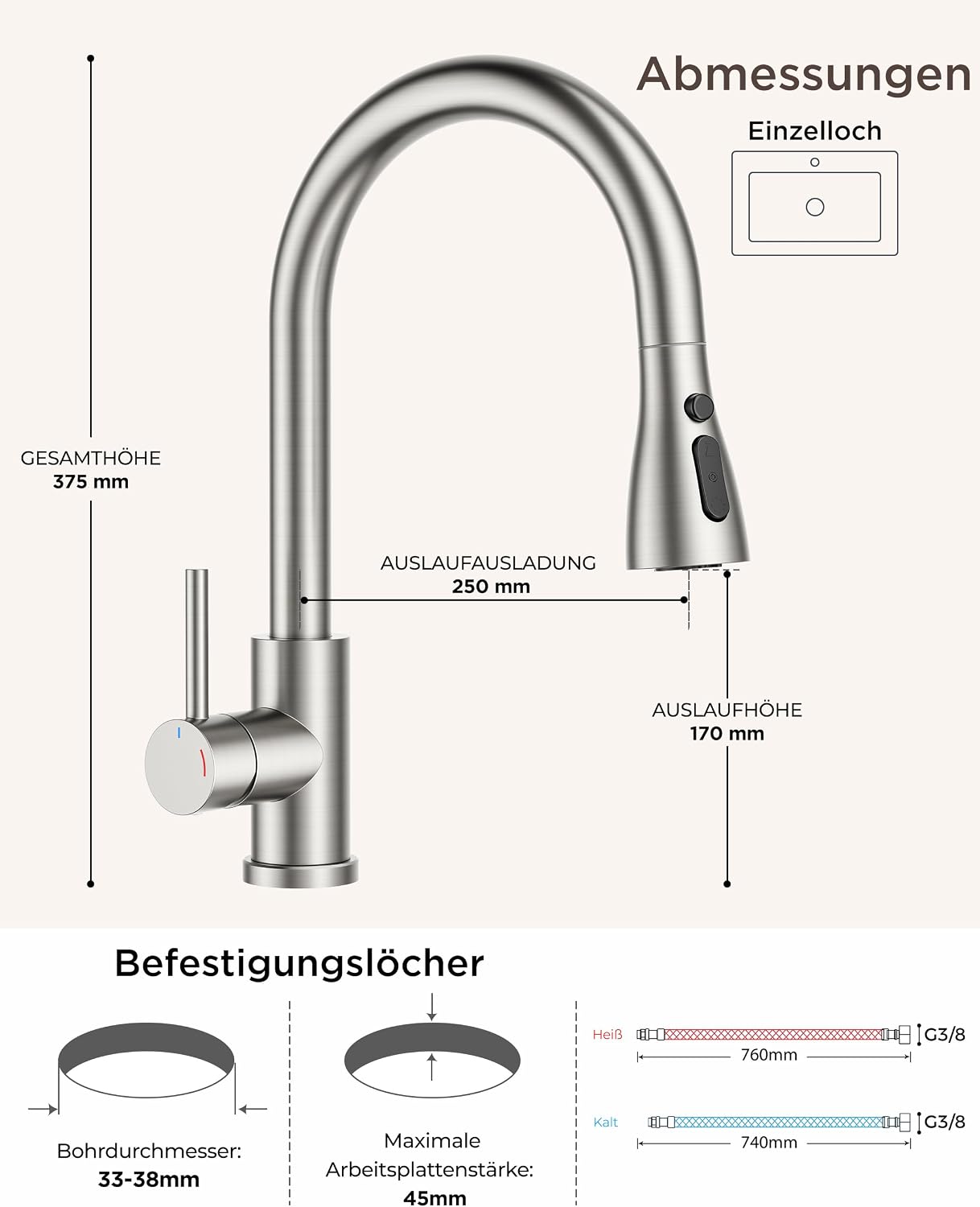 Detalle de FORIOUS Küchenarmatur Niederdruck mit herausziehbarer Brause – Edelstahl 304, 360° Schwenkbar, 3 Anschlüsse, ABS Sprühkopf, G3/8