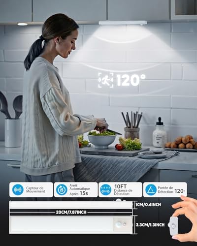 Detalle de KALAHOL Lot de 4 Lampes LED Sous Meuble Cuisine avec Détecteur de Mouvement et USB-C – Sans Fil, Blanc Froid