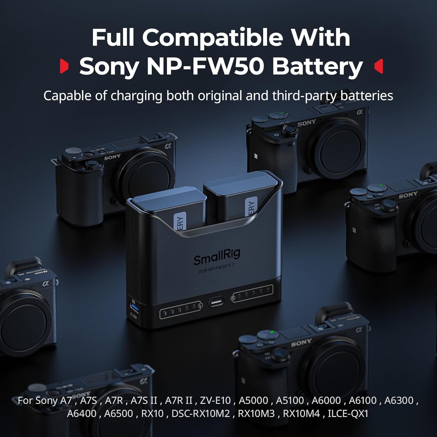 Detalle 2 de SMALLRIG caricabatterie NP-FW50 doppio slot con USB-C 11 W per Sony A6000/A6400 e ZV-E10