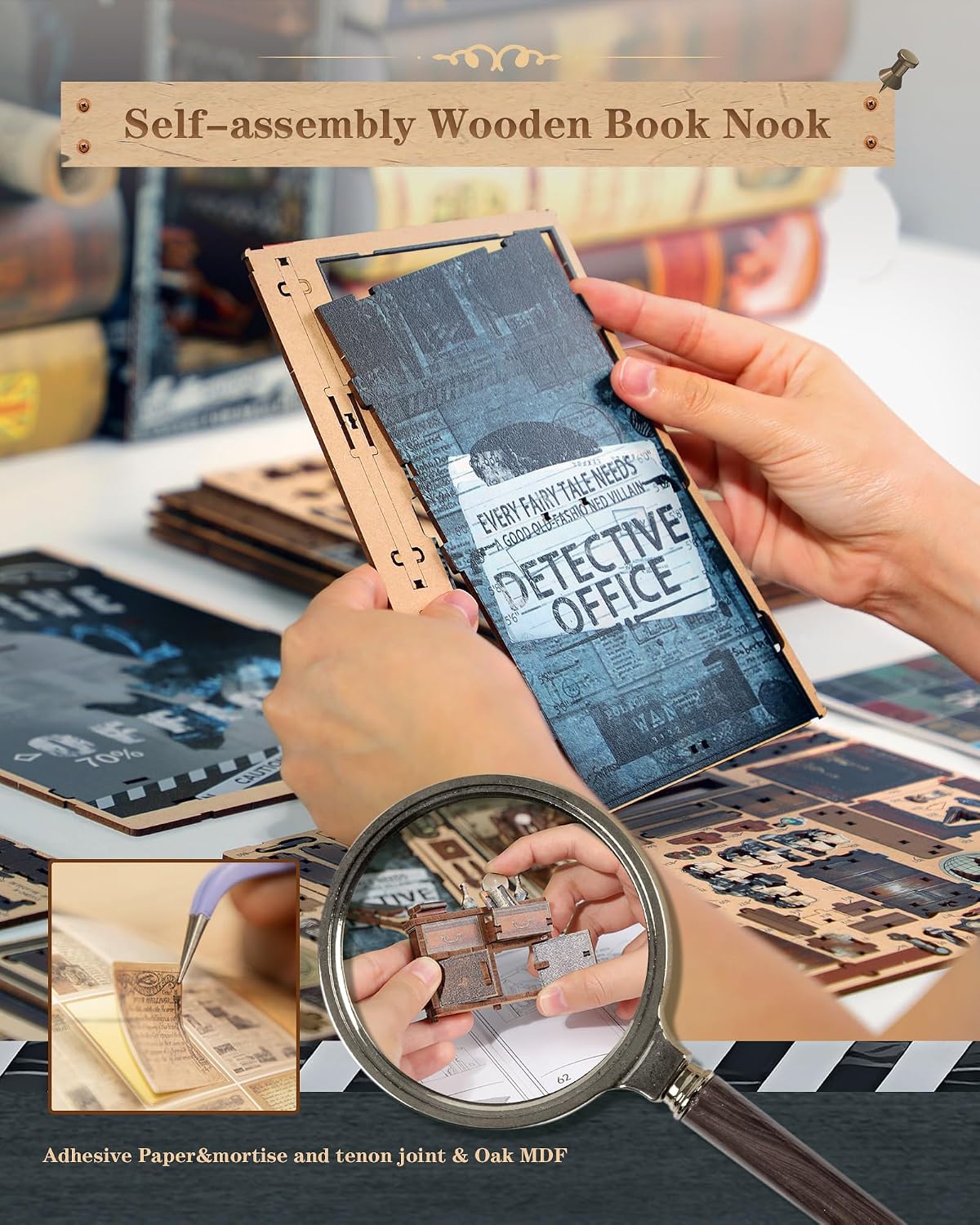 Thumbnail 4 de Quanquer ZT-24 Book Nook – detektivkontor i trä med LED-ljus