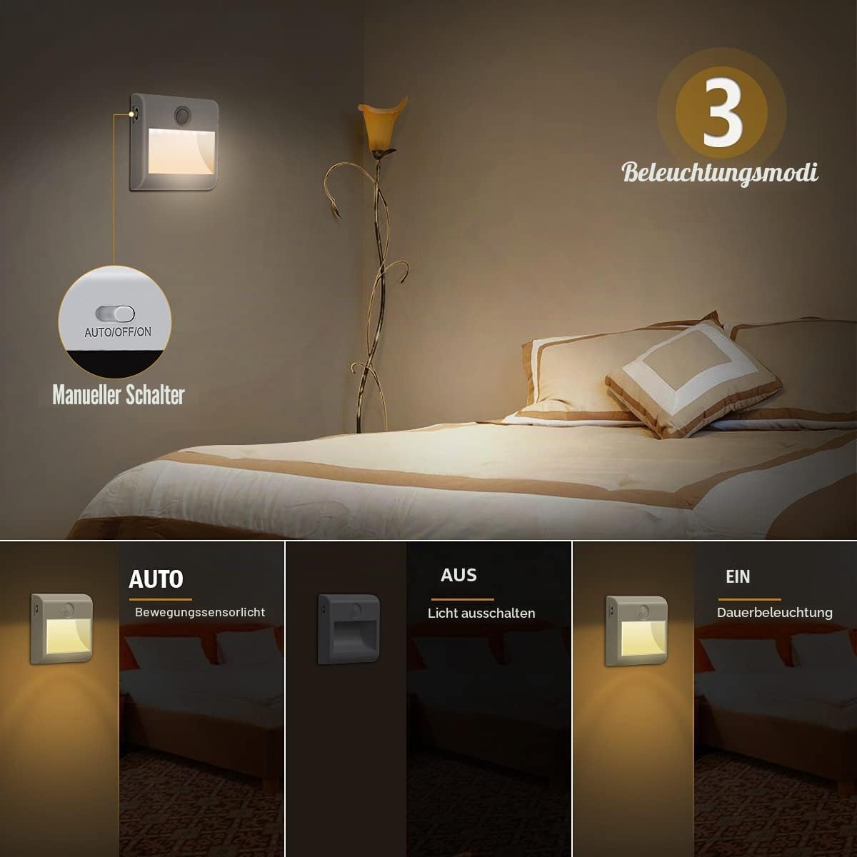 Thumbnail 4 de Batteriebetriebenes Nachtlicht mit Bewegungsmelder (2er-Set) – 3 Modi AUTO/AUS/EIN, natürliches Weiß