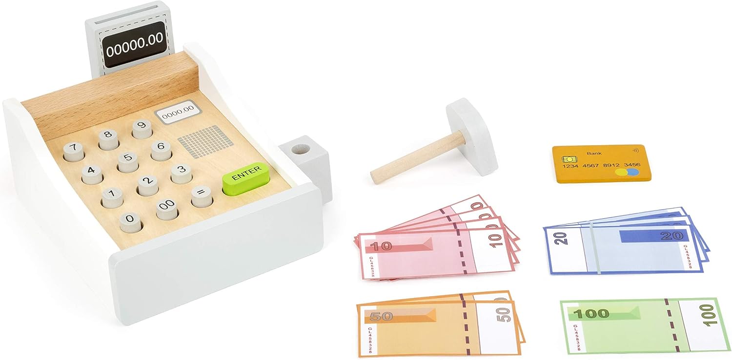 Detalle de Small Foot Spielkasse aus Holz – inkl. Scanner, Kartenlesegerät, Spielgeld und Kreditkarten