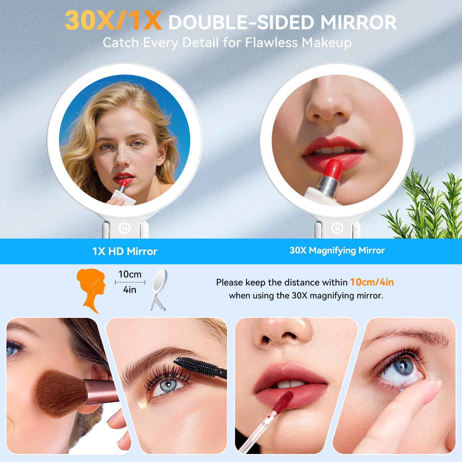 Thumbnail 2 de Auxmir Specchio da trucco con luci LED, specchio bifacciale 30X/1X e batteria ricaricabile (portatile e pieghevole)