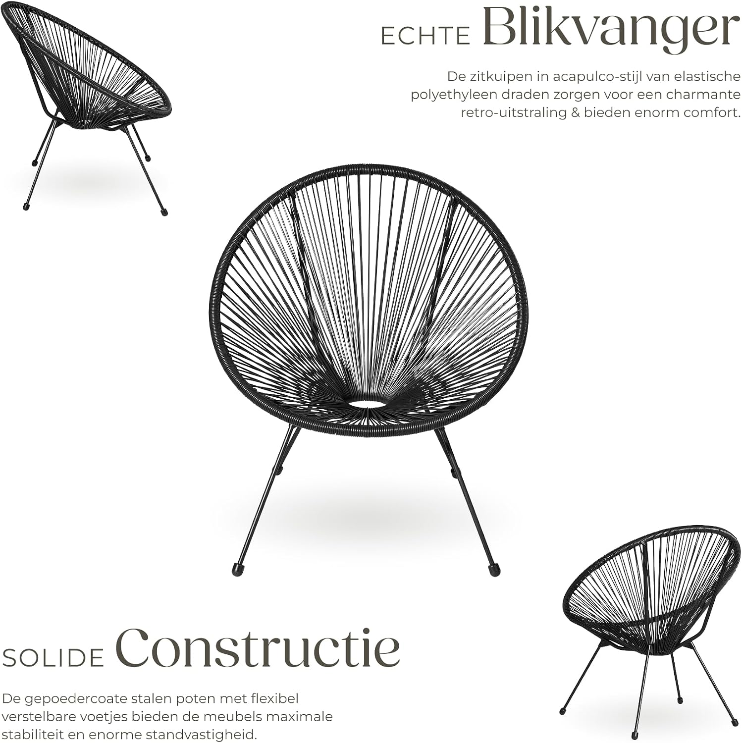 Detalle de tectake 404410 Santana bistroset met 2 Acapulco-stoelen en tafel, zwart