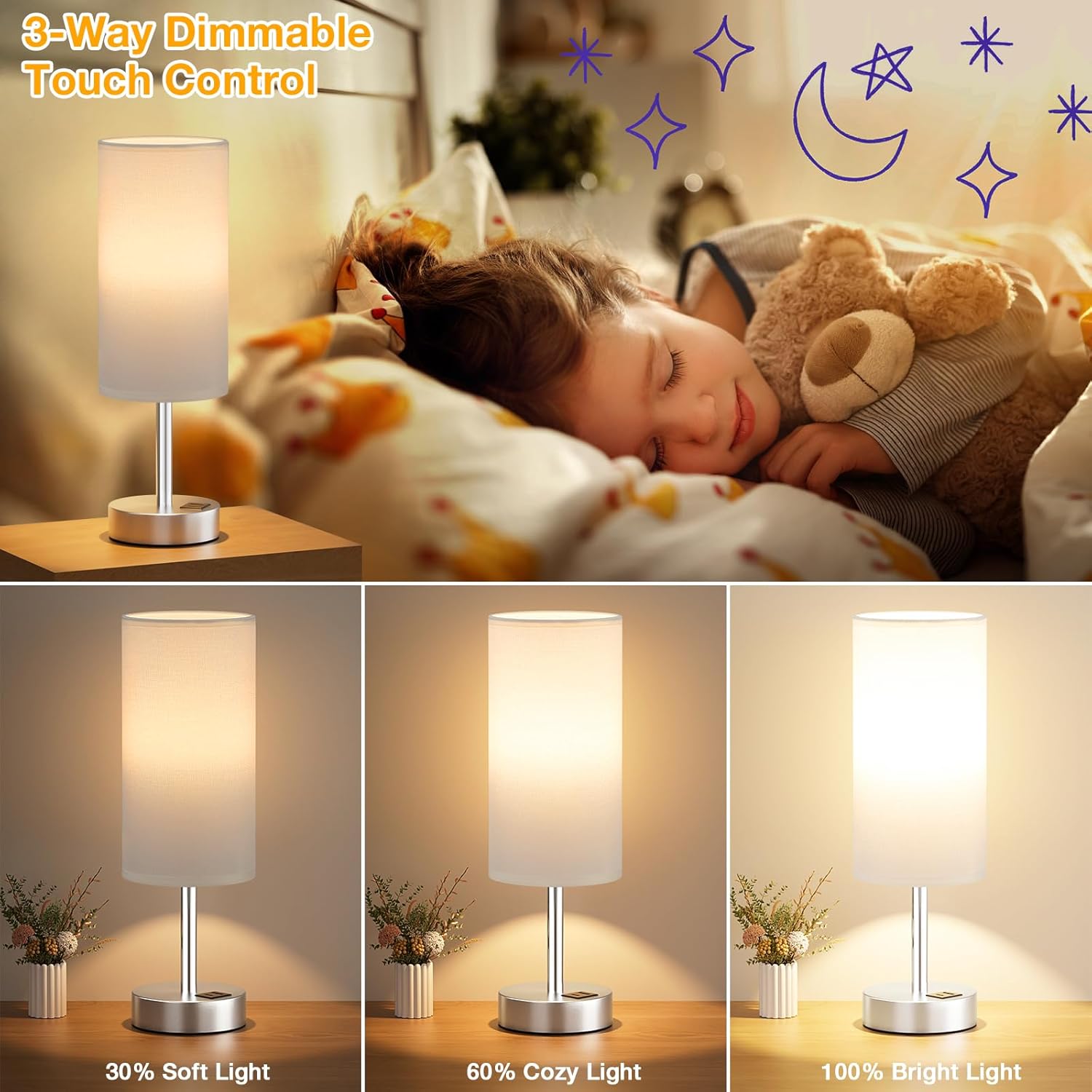 Detalle de Aooshine Touch Bedside Lamps Set of 2 – Dimmable, with White Shade and Silver Base (Bulbs Included)