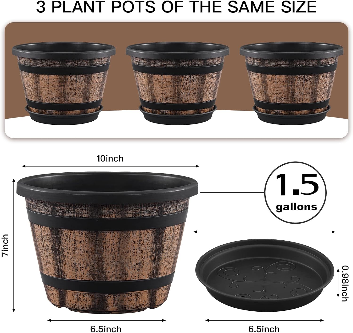 Thumbnail 1 de Quarut 3-Pack 10-Inch Whiskey Barrel Plant Pots (Brown) with Drainage Holes & Saucers