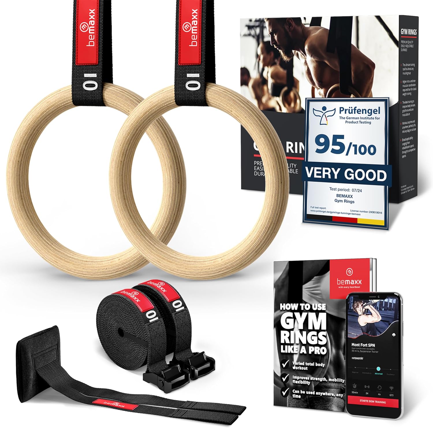 Detalle de Anelli Ginnastica in Legno BeMaxx con Ancoraggio da Porta e Cinghie Regolabili – Programma di Allenamento Calisthenics